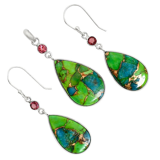 Blue Turquoise In Green Mohave and Hessonite Garnet Pendant Earrings Set T-1010 SDT03577
