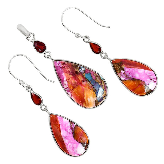 Kingman Orange Dahlia Turquoise and Hessonite Garnet Pendant Earrings Set T-1010 SDT03578