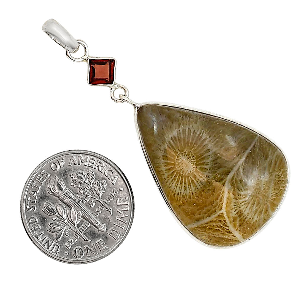 Flower Fossil Coral and Hessonite Garnet Pendant Earrings Set T-1010 SDT03580