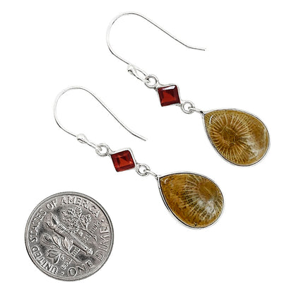 Flower Fossil Coral and Hessonite Garnet Pendant Earrings Set T-1010 SDT03580