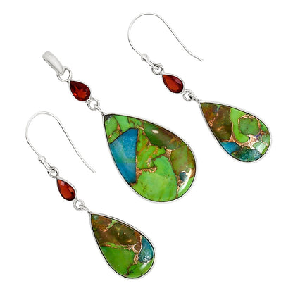 Blue Turquoise In Green Mohave and Hessonite Garnet Pendant Earrings Set T-1010 SDT03585