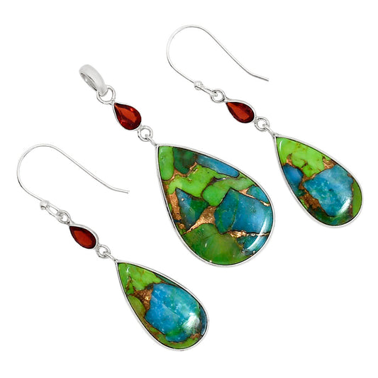 Blue Turquoise In Green Mohave and Hessonite Garnet Pendant Earrings Set T-1010 SDT03586