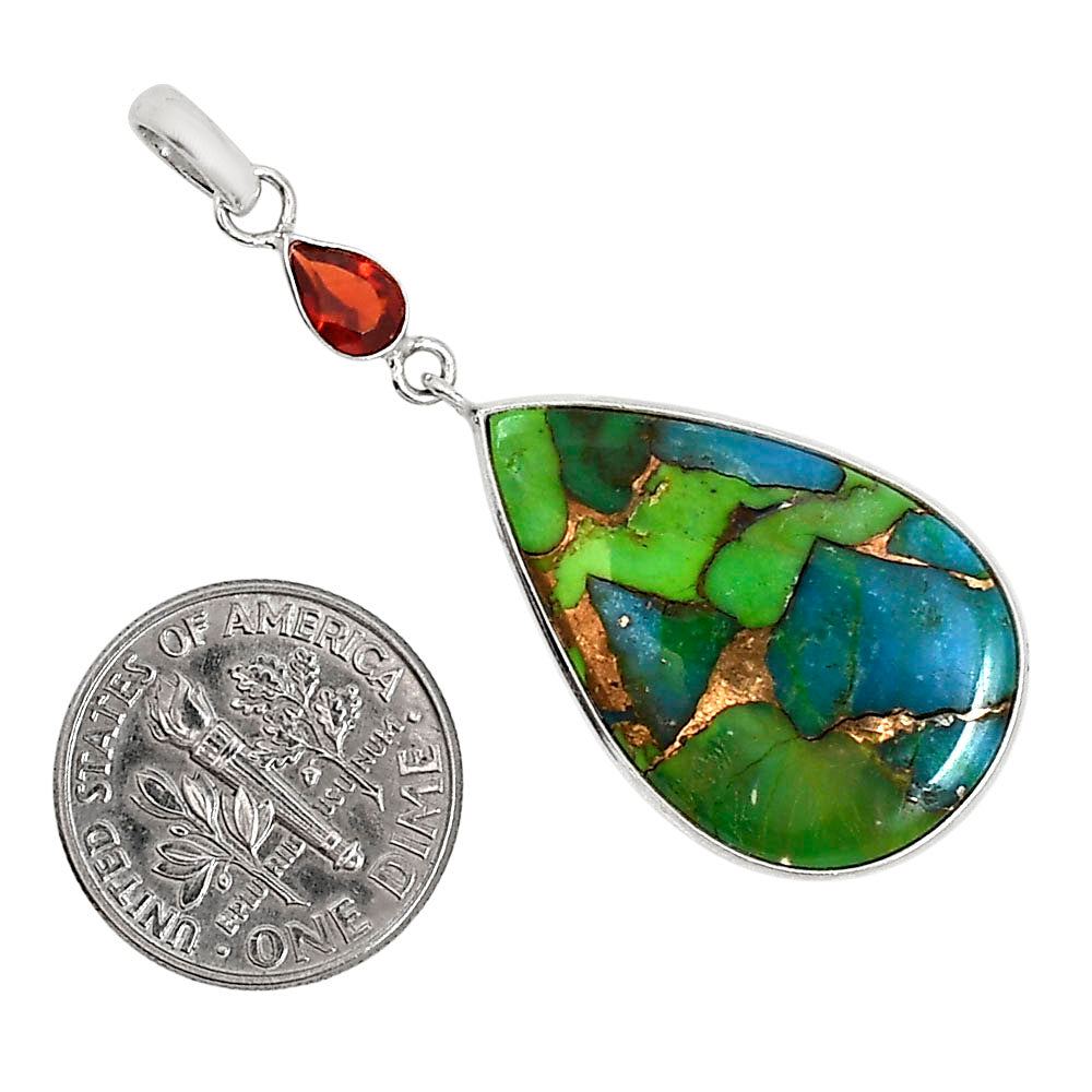 Blue Turquoise In Green Mohave and Hessonite Garnet Pendant Earrings Set T-1010 SDT03586