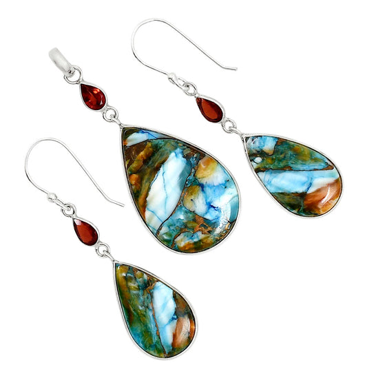 Spiny Oyster Turquoise and Hessonite Garnet Pendant Earrings Set T-1010 SDT03587