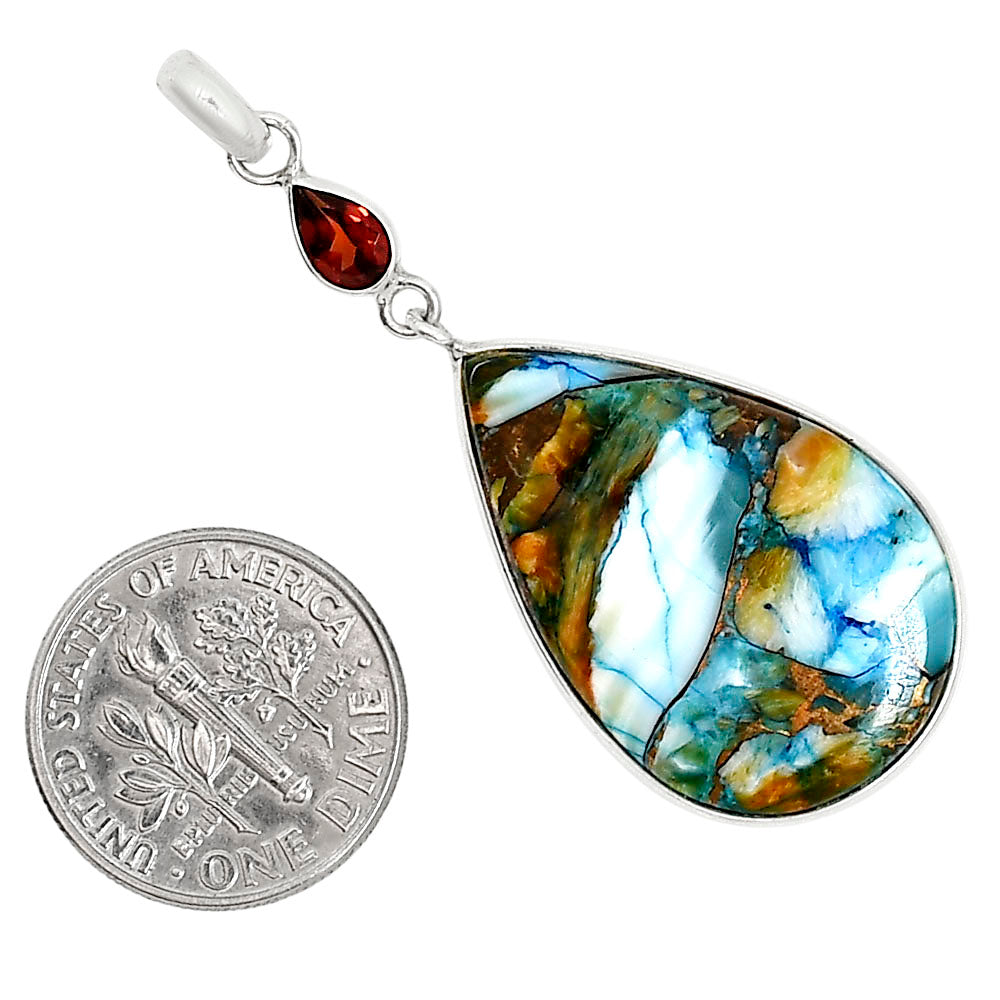 Spiny Oyster Turquoise and Hessonite Garnet Pendant Earrings Set T-1010 SDT03587