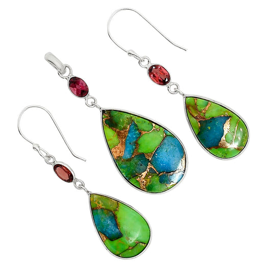 Blue Turquoise In Green Mohave and Hessonite Garnet Pendant Earrings Set T-1010 SDT03588