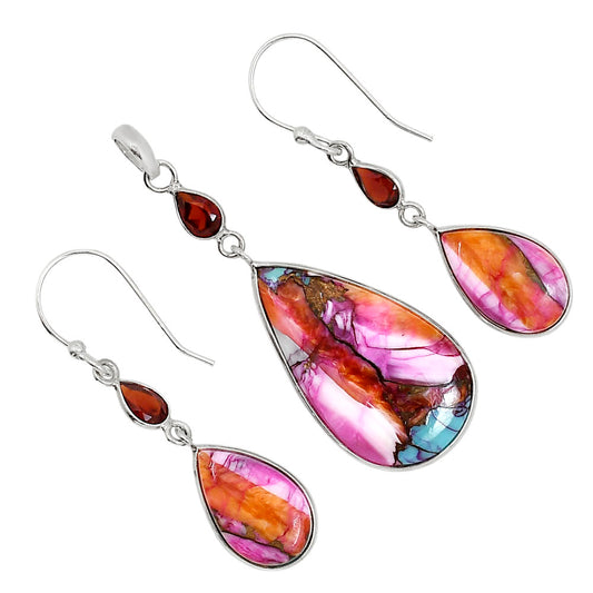 Kingman Orange Dahlia Turquoise and Hessonite Garnet Pendant Earrings Set T-1010 SDT03592