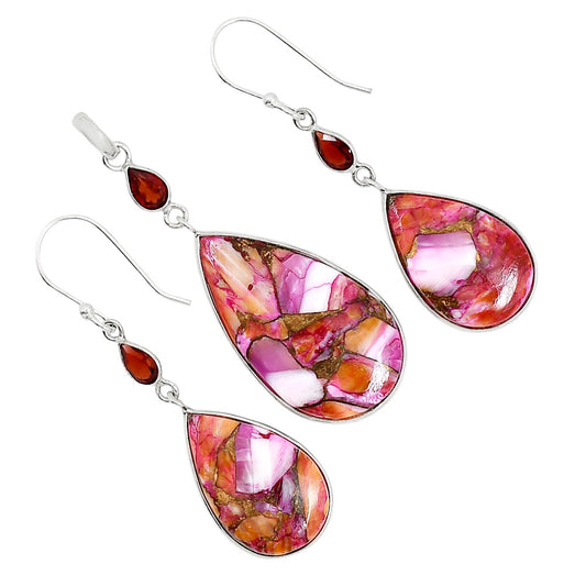 Kingman Orange Dahlia Turquoise and Hessonite Garnet Pendant Earrings Set T-1010 SDT03593