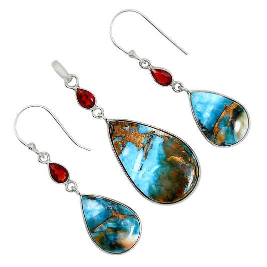 Spiny Oyster Turquoise and Hessonite Garnet Pendant Earrings Set T-1010 SDT03595