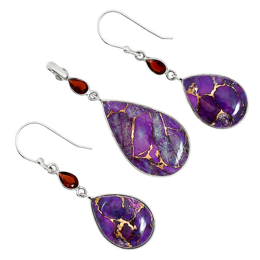 Copper Purple Turquoise and Hessonite Garnet Pendant Earrings Set T-1010 SDT03596