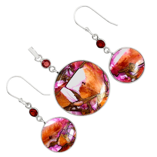 Kingman Orange Dahlia Turquoise and Hessonite Garnet Pendant Earrings Set T-1010 SDT03599