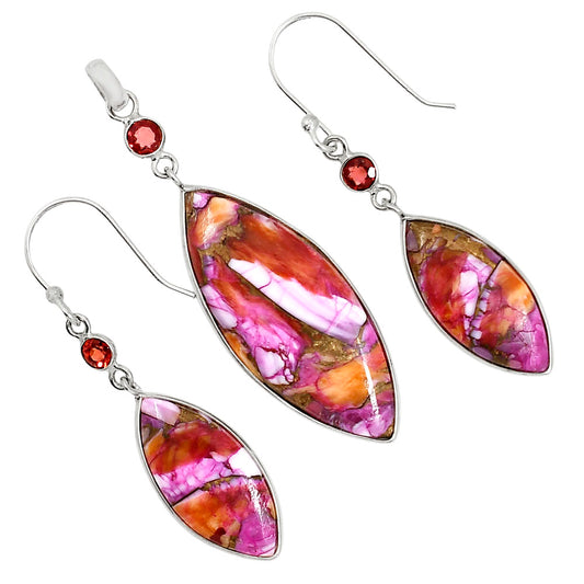 Kingman Orange Dahlia Turquoise and Hessonite Garnet Pendant Earrings Set T-1010 SDT03600