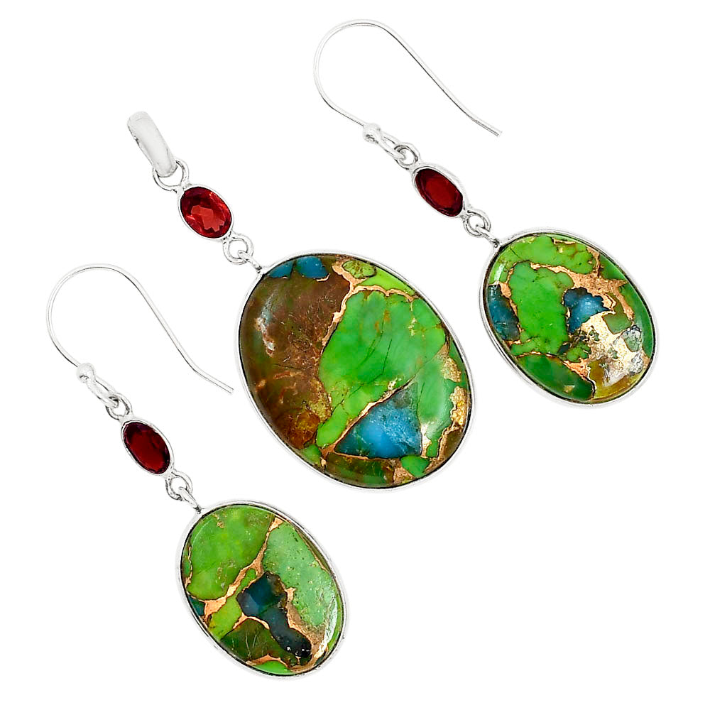 Blue Turquoise In Green Mohave and Hessonite Garnet Pendant Earrings Set T-1010 SDT03601