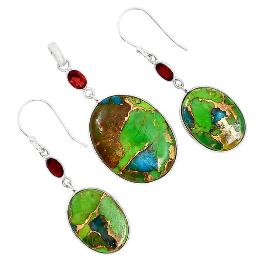 Blue Turquoise In Green Mohave and Hessonite Garnet Pendant Earrings Set T-1010 SDT03601