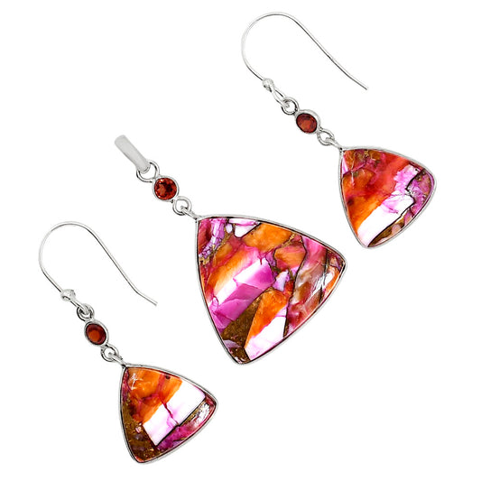Kingman Orange Dahlia Turquoise and Hessonite Garnet Pendant Earrings Set T-1010 SDT03602