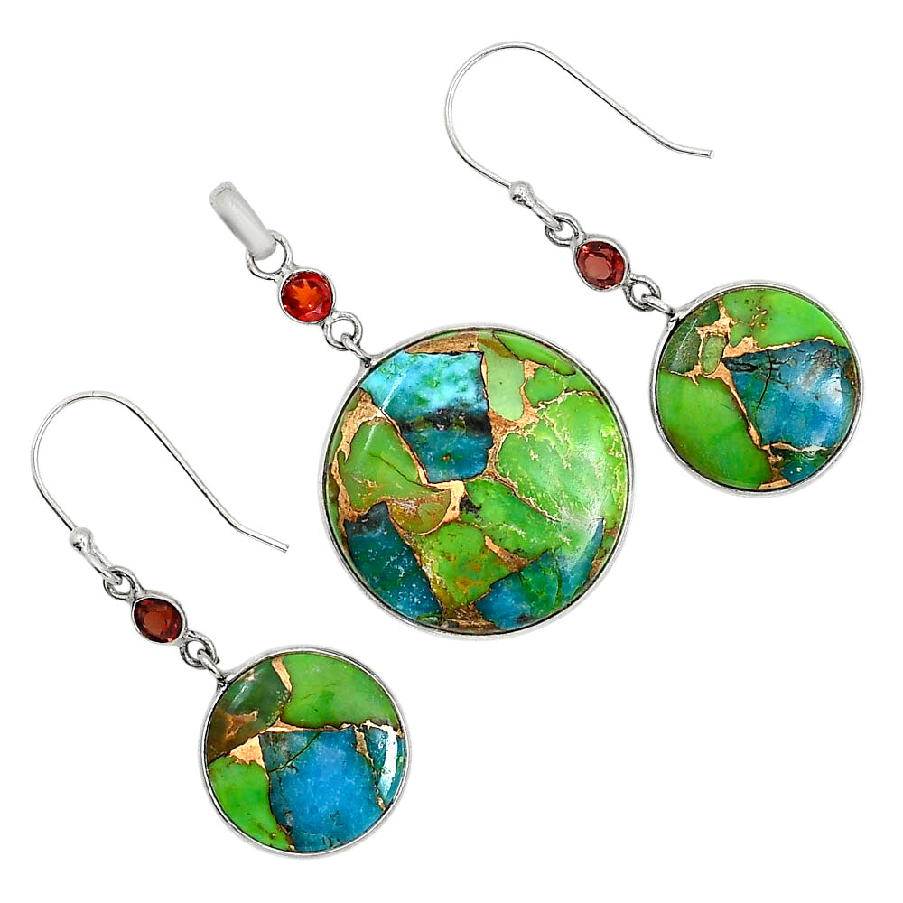 Blue Turquoise In Green Mohave and Hessonite Garnet Pendant Earrings Set T-1010 SDT03603