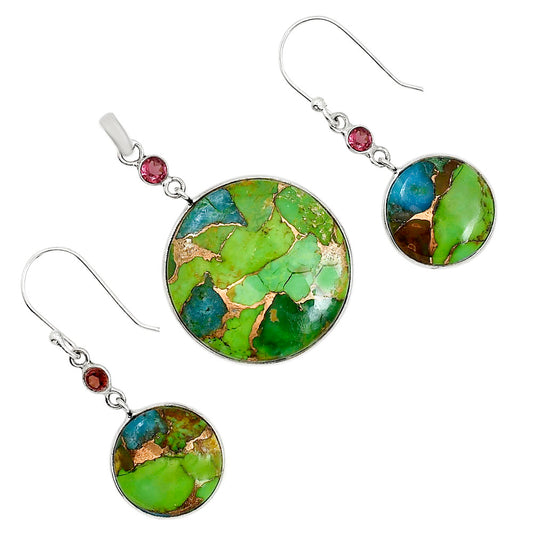 Blue Turquoise In Green Mohave and Hessonite Garnet Pendant Earrings Set T-1010 SDT03606