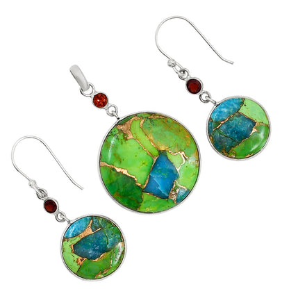 Blue Turquoise In Green Mohave and Hessonite Garnet Pendant Earrings Set T-1010 SDT03607