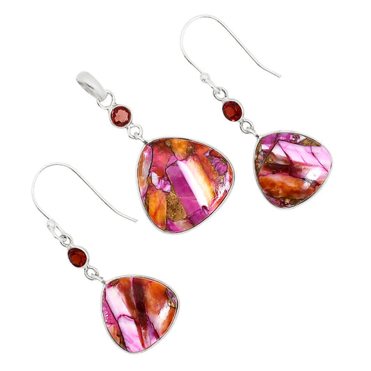 Kingman Orange Dahlia Turquoise and Hessonite Garnet Pendant Earrings Set T-1010 SDT03608