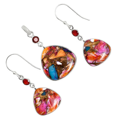 Kingman Orange Dahlia Turquoise and Hessonite Garnet Pendant Earrings Set T-1010 SDT03610