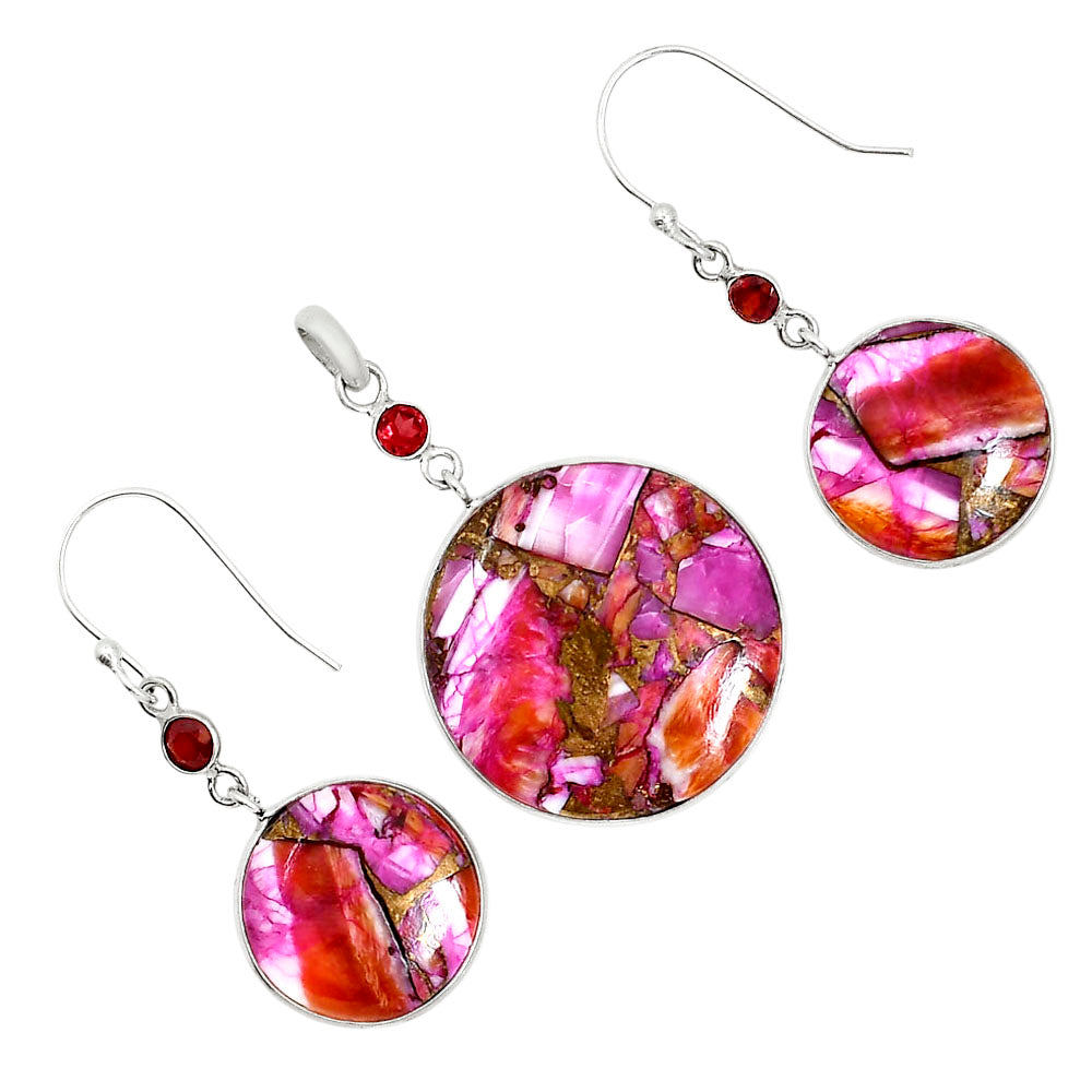 Kingman Orange Dahlia Turquoise and Hessonite Garnet Pendant Earrings Set T-1010 SDT03611