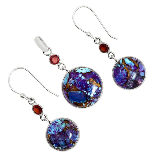 Kingman Purple Dahlia Turquoise and Hessonite Garnet Pendant Earrings Set T-1010 SDT03612