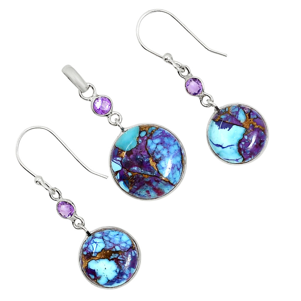 Kingman Purple Dahlia Turquoise and Amethyst Pendant Earrings Set T-1010 SDT03613