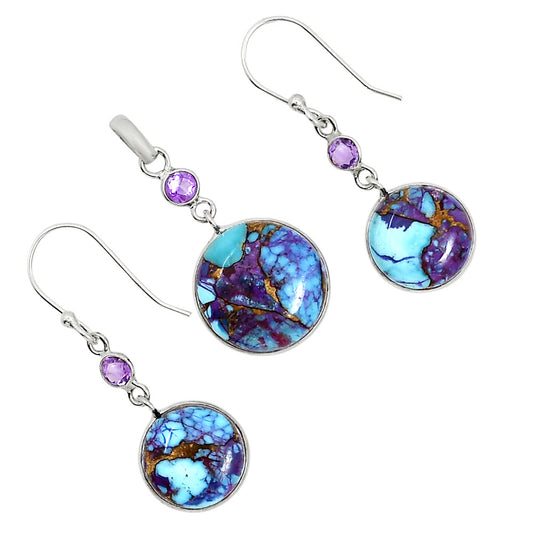 Kingman Purple Dahlia Turquoise and Amethyst Pendant Earrings Set T-1010 SDT03613