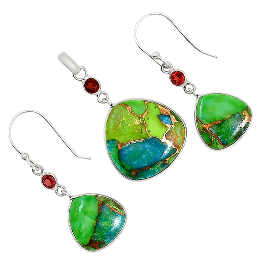 Blue Turquoise In Green Mohave and Hessonite Garnet Pendant Earrings Set T-1010 SDT03615