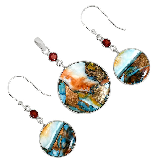 Spiny Oyster Turquoise and Hessonite Garnet Pendant Earrings Set T-1010 SDT03616