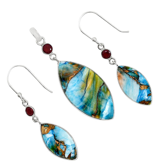 Spiny Oyster Turquoise and Hessonite Garnet Pendant Earrings Set T-1010 SDT03617