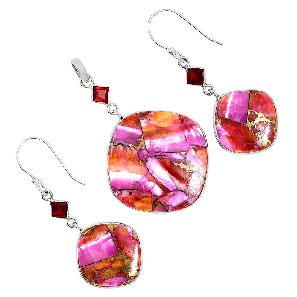 Kingman Orange Dahlia Turquoise and Hessonite Garnet Pendant Earrings Set T-1010 SDT03619