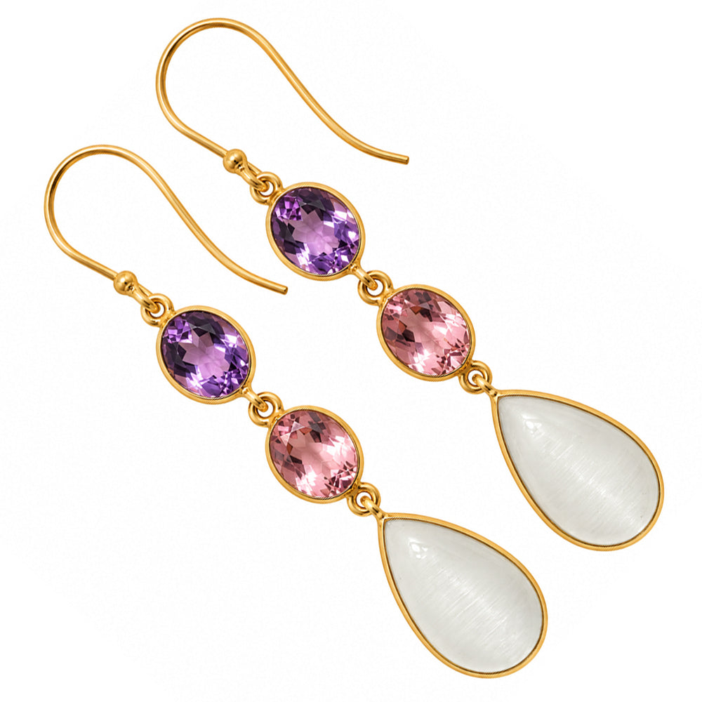 White Selenite and Amethyst & Pink Morganite Earrings EM-1007 TE01210
