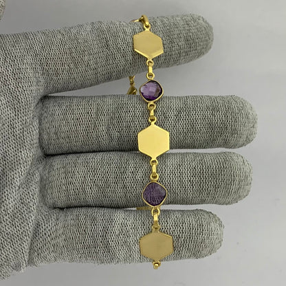 18K Gold Plated Hexagon Gemstone Link Bracelet Jewelry for Women TGB1004 BM-1050