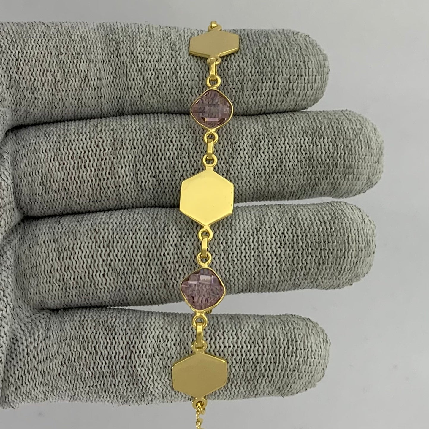 18K Gold Plated Hexagon Gemstone Link Bracelet Jewelry for Women TGB1004 BM-1050