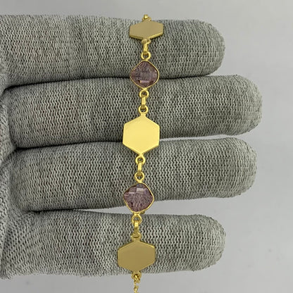 18K Gold Plated Hexagon Gemstone Link Bracelet Jewelry for Women TGB1004 BM-1050