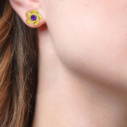 18K Gold Plated Flower Stud Earrings with Center Colorful Gemstone TGE1001 EM-1260