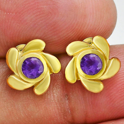 18K Gold Plated Flower Stud Earrings with Center Colorful Gemstone TGE1001 EM-1260