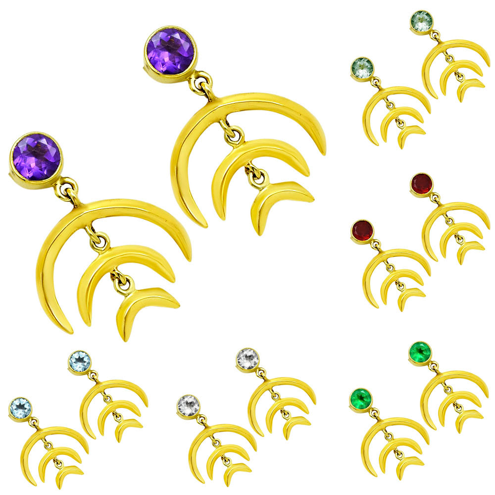 Celestial Triple Crescent Moon Gemstone Earrings 18K Gold Over Brass TGE1002 EM-1249