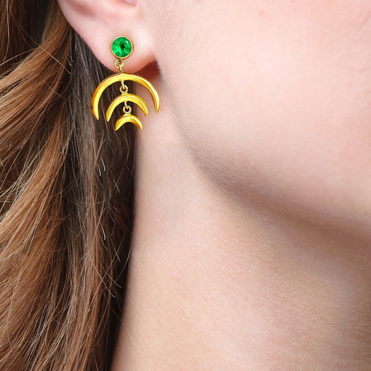 Celestial Triple Crescent Moon Gemstone Earrings 18K Gold Over Brass TGE1002 EM-1249