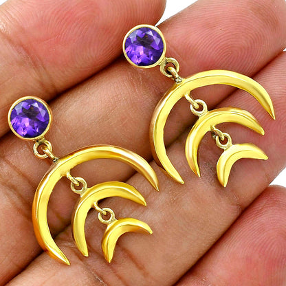 Celestial Triple Crescent Moon Gemstone Earrings 18K Gold Over Brass TGE1002 EM-1249