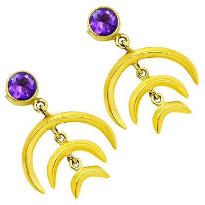 Celestial Triple Crescent Moon Gemstone Earrings 18K Gold Over Brass TGE1002 EM-1249