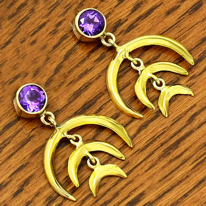 Celestial Triple Crescent Moon Gemstone Earrings 18K Gold Over Brass TGE1002 EM-1249