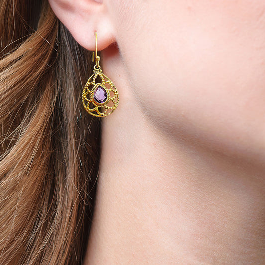 Elegant Filigree Teardrop Colorful Gemstone Earrings 18K Gold Over Brass TGE1004 EM-1251