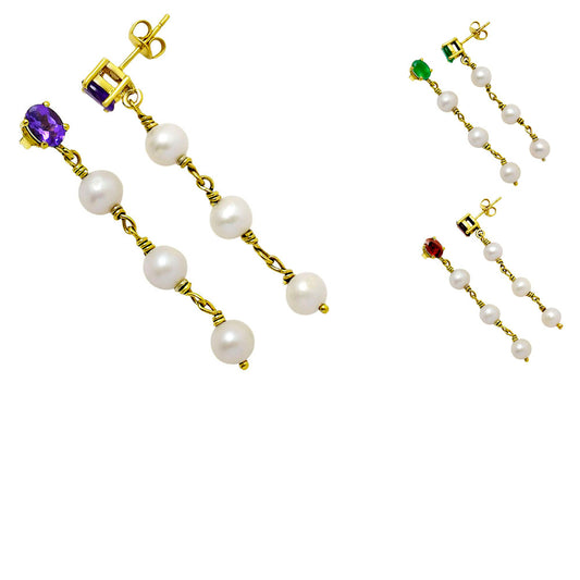 Elegant Natural Gemstone & Pearl Dangle Earrings in 18K Gold Over Brass TGE1010 EM-1268