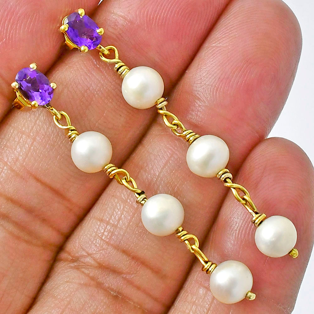 Elegant Natural Gemstone & Pearl Dangle Earrings in 18K Gold Over Brass TGE1010 EM-1268