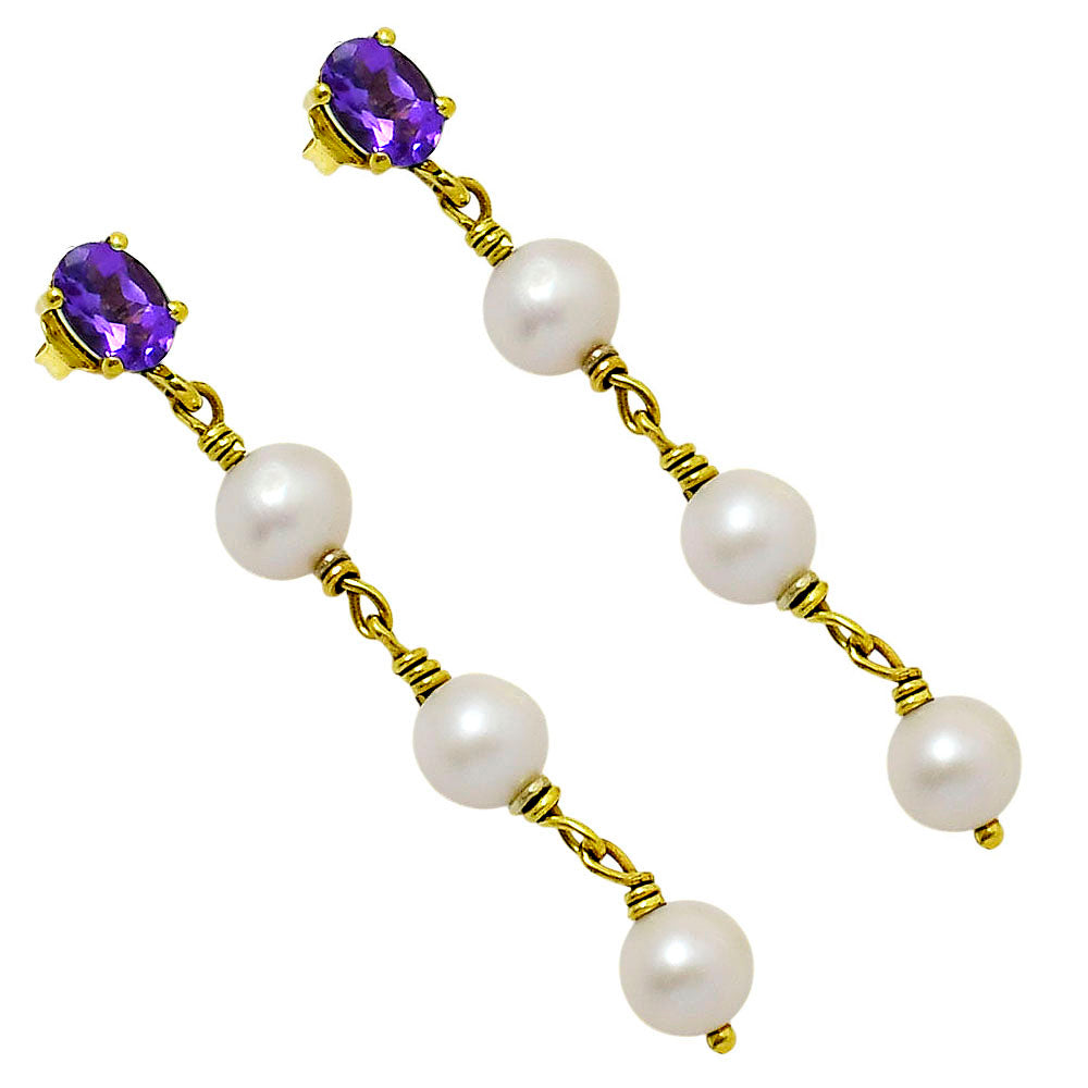 Elegant Natural Gemstone & Pearl Dangle Earrings in 18K Gold Over Brass TGE1010 EM-1268