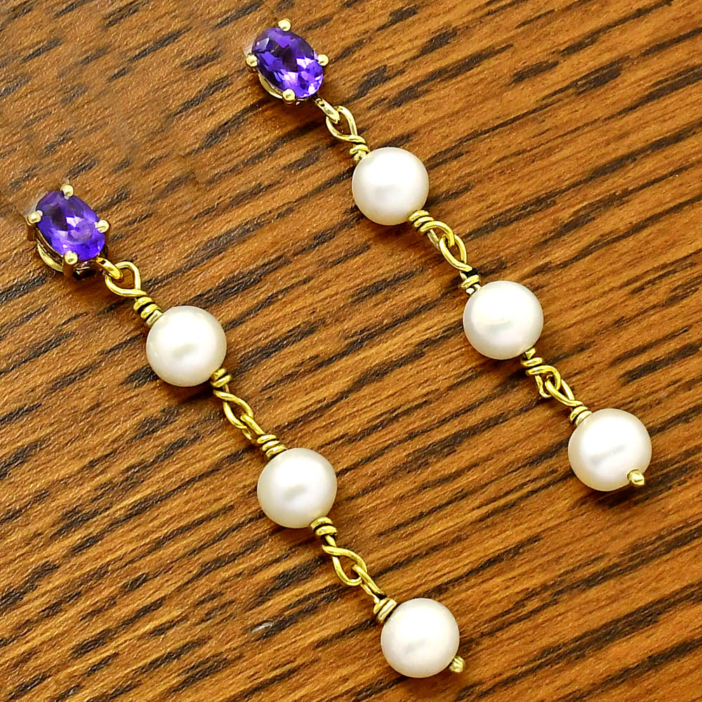 Elegant Natural Gemstone & Pearl Dangle Earrings in 18K Gold Over Brass TGE1010 EM-1268