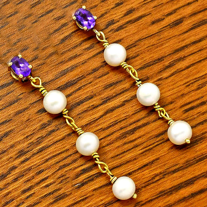 Elegant Natural Gemstone & Pearl Dangle Earrings in 18K Gold Over Brass TGE1010 EM-1268