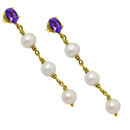 Elegant Natural Gemstone & Pearl Dangle Earrings in 18K Gold Over Brass TGE1010 EM-1268
